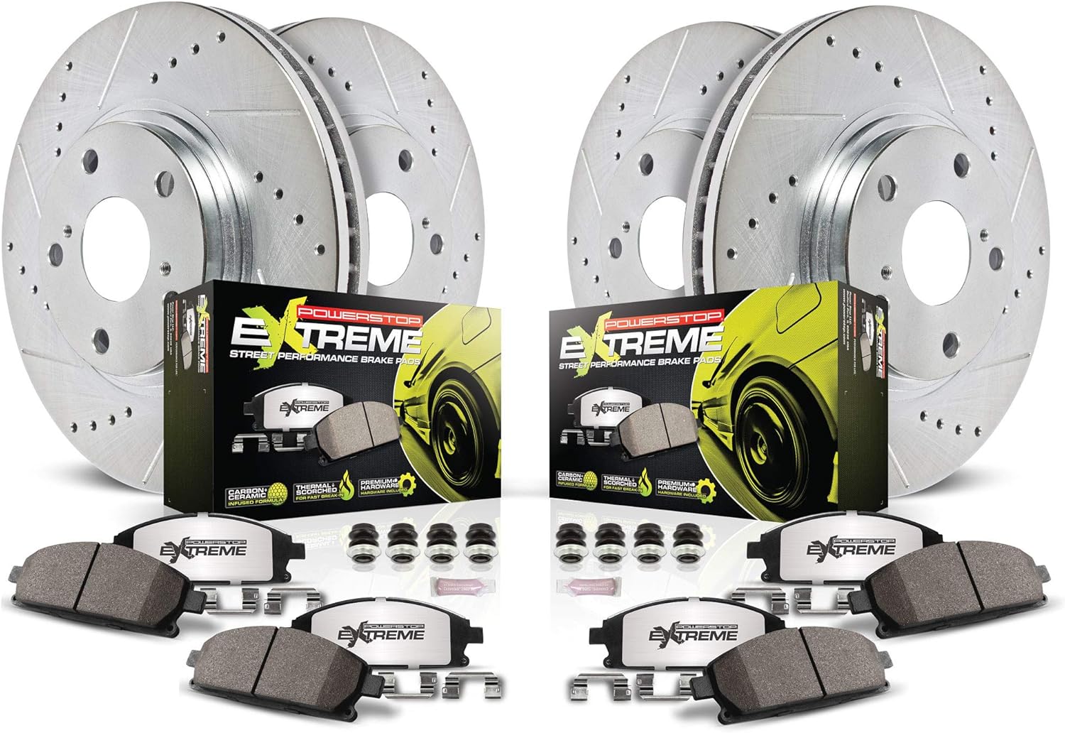 PowerStop Front and Rear Brake Kit for INFINITI FX35 2010-12 |INFINITI FX37 2013 |INFINITI QX70 2014 - Carbon-Fiber Ceramic Z26 Brake Pads + Drilled & Slotted Rotors Upgrade, K8878-26
