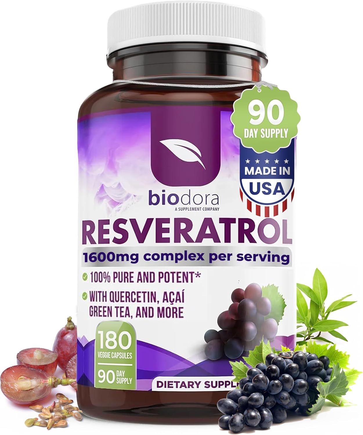 Resveratrol 1600mg | Trans-Resveratrol Antioxidant Supplement, 180 Capsules