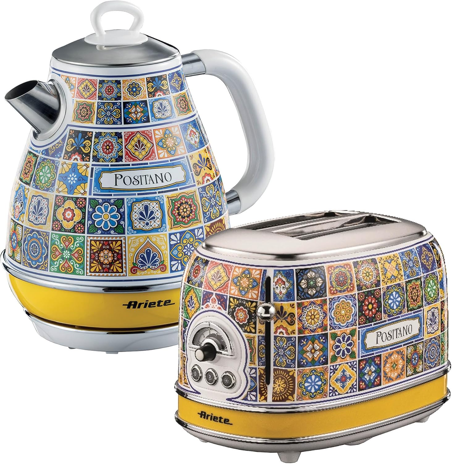 Ariete Positano Jug Kettle & 2 Slice Toaster Set, Italian Tile Design, Vintage-Inspired Breakfast Set