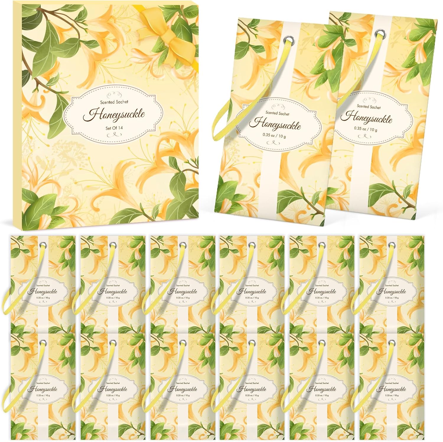 SCENTORINI Honeysuckle Scented Sachets 14 Pack, Floral Drawer & Wardrobe Fresheners for Clothes, Cupboards, Storage Boxes and Linen Spaces
