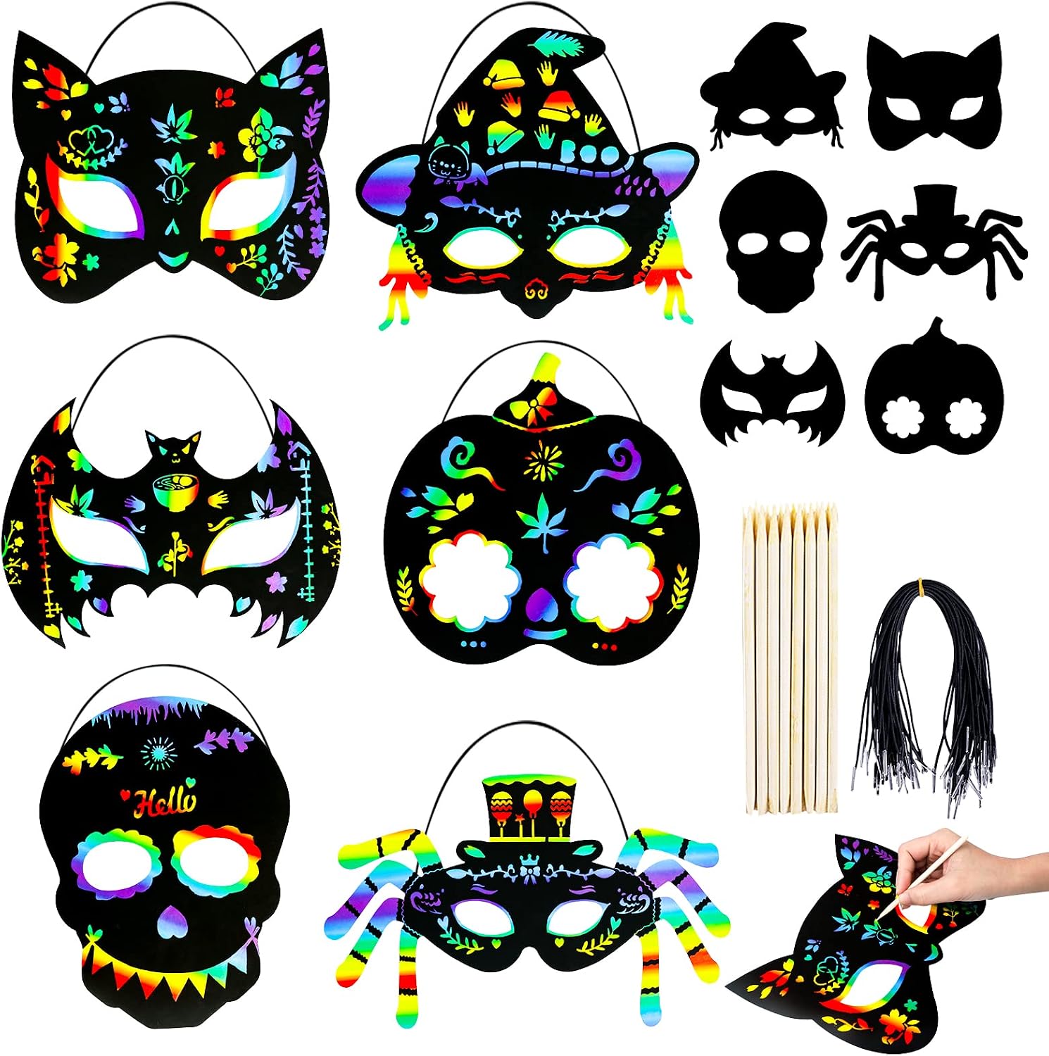 MGparty Halloween Crafts 24PCS Halloween Rainbow Scratch Mask Magic Scratch Paper Art for Kids Birthday Classroom Decoration for Halloween Party Favors Gifts Party Games Projects Kits