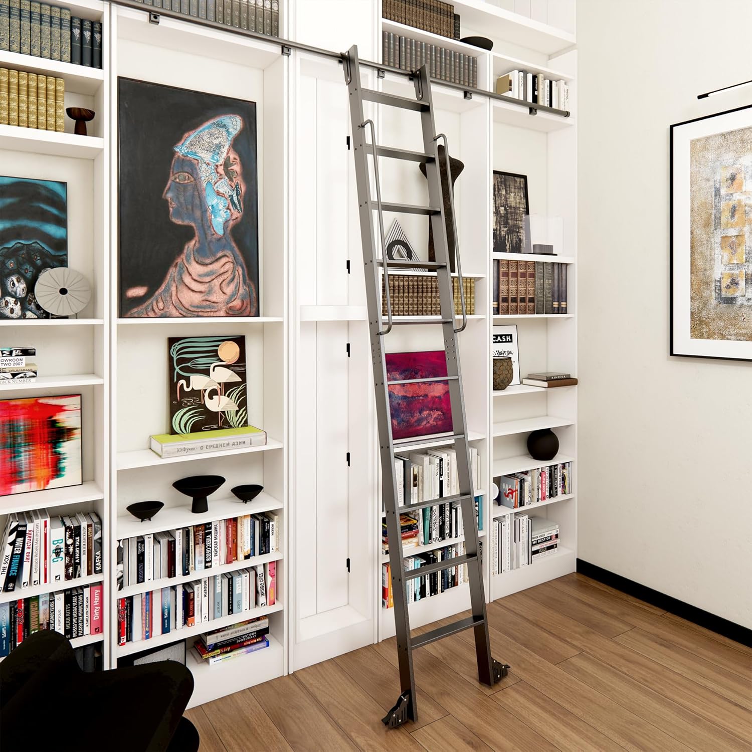 120" Telescopic Sliding Library Ladder with Handrail – Lightweight Aluminum Rolling Ladder with Braking Wheels, 4FT Hook Ladder Track Kit for Home, Loft, and Bookshelves