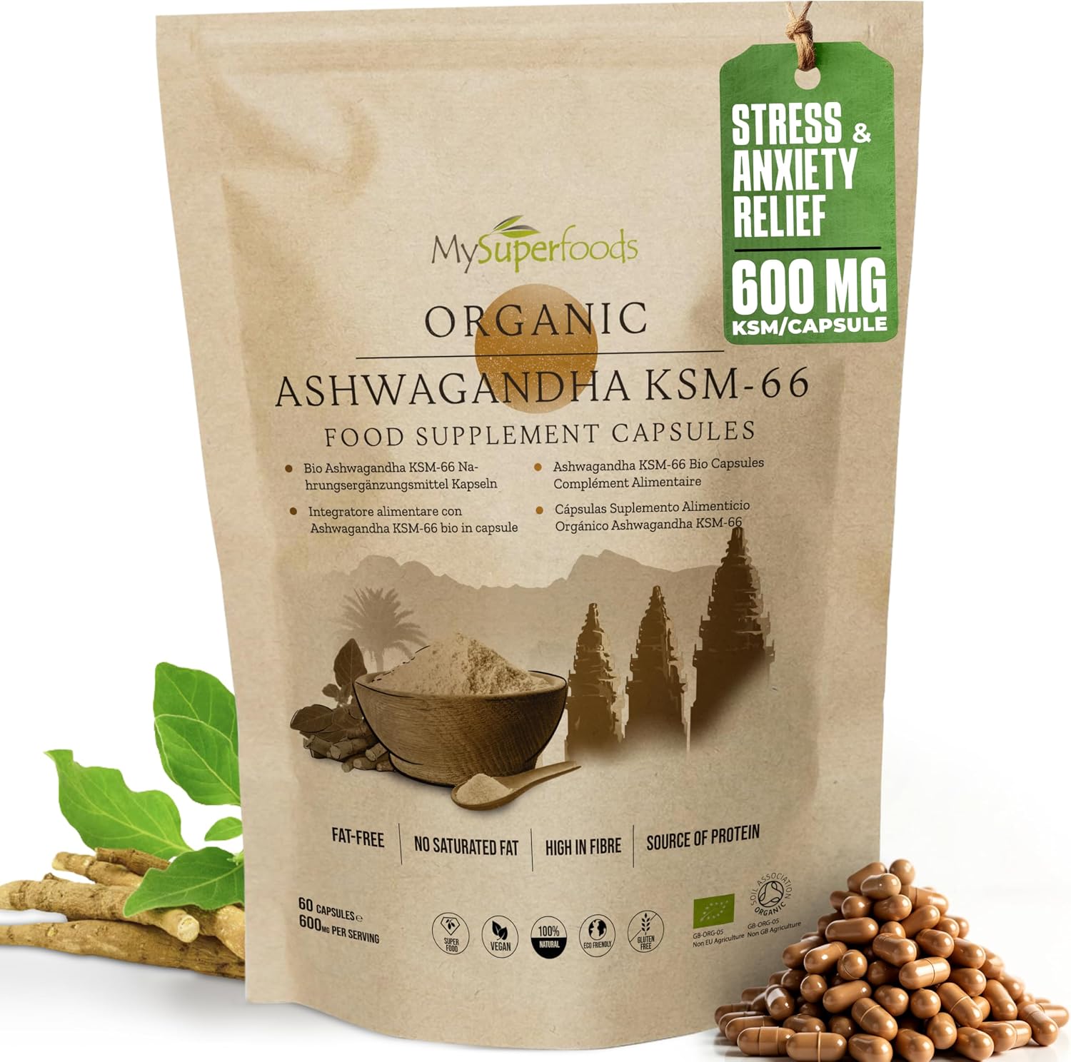 Ashwagandha KSM-66 Capsules | Max Strength 7200mg per Capsule | Up to 400% Higher Potency | Stress & Anxiety Relief, Improved Endurance & Better Sleep | Organic & Vegan | MySuperfoods