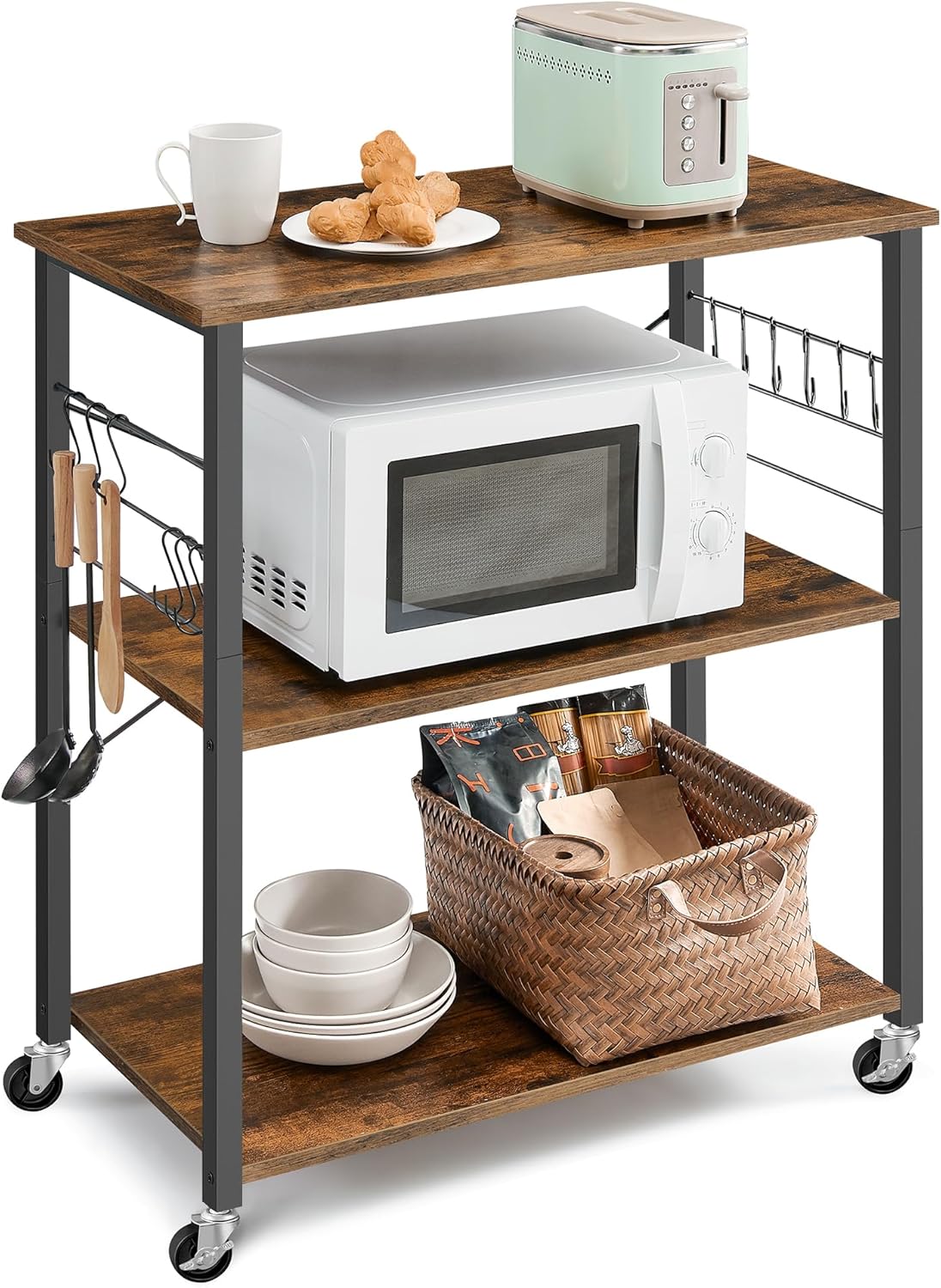 VASAGLE Kitchen Shelf on Wheels, Serving Trolley with 3 Shelves, Microwave Shelf, for Mini Oven, Toaster, with 6 Hooks, 40 x 80 x 89 cm, Industrial Style, Rustic Brown and Ink Black KKS067K01