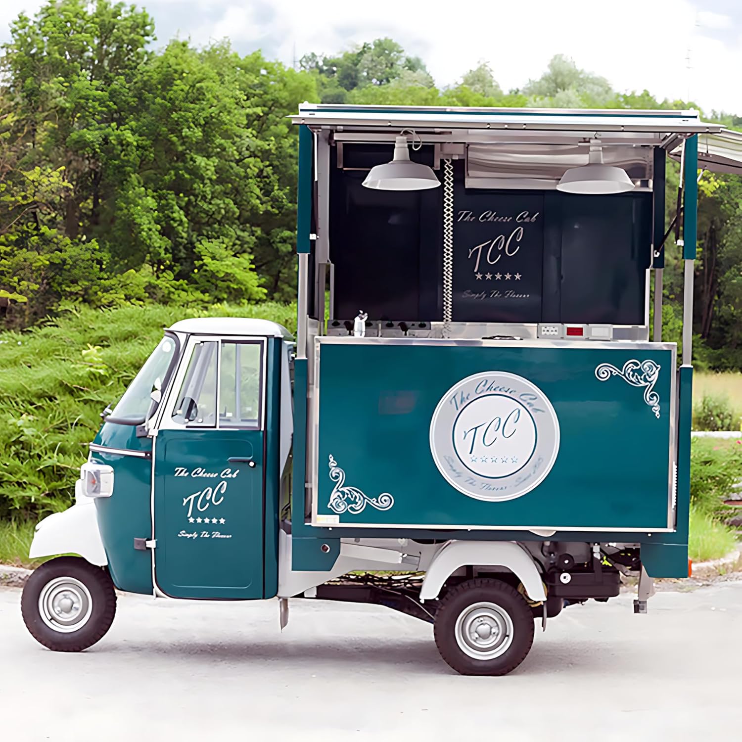 COGSUN Custom APE Cheese Truck Cart for Sale, Concession Outdoor Lift-Up APE Food Trailer, APE Cheese Food Cart Trailer with Refrigerator, Ideal for Food Truck Accessories, Nearby Camping Trailer
