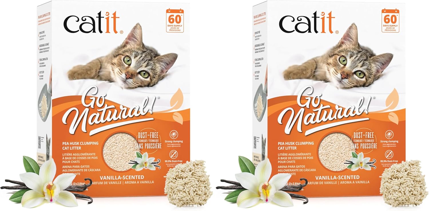 Catit Go Natural Vanilla Scented Pea Husk Clumping Cat Litter, Deodorising, 99.9% Dust-Free, Fast Clumping Cat Litter, Plant-Based Litter for Cats & Kittens, 5.6kg (2 x 2.8kg) (Pack of 2)