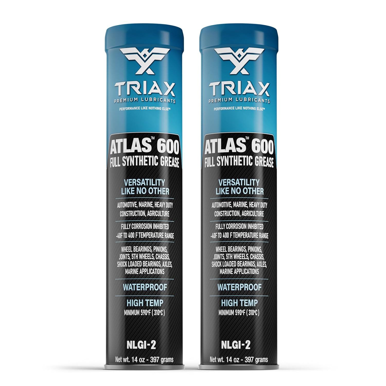TRIAX Atlas 600 – Full Synthetic Calcium Sulfonate Grease NLGI-2 GC-LB – Waterproof – High Temp 232°C – Extreme Duty EP Grease for Wheel Bearings Trailer Hubs Marine & Industrial Use 2x400 g Cartridge