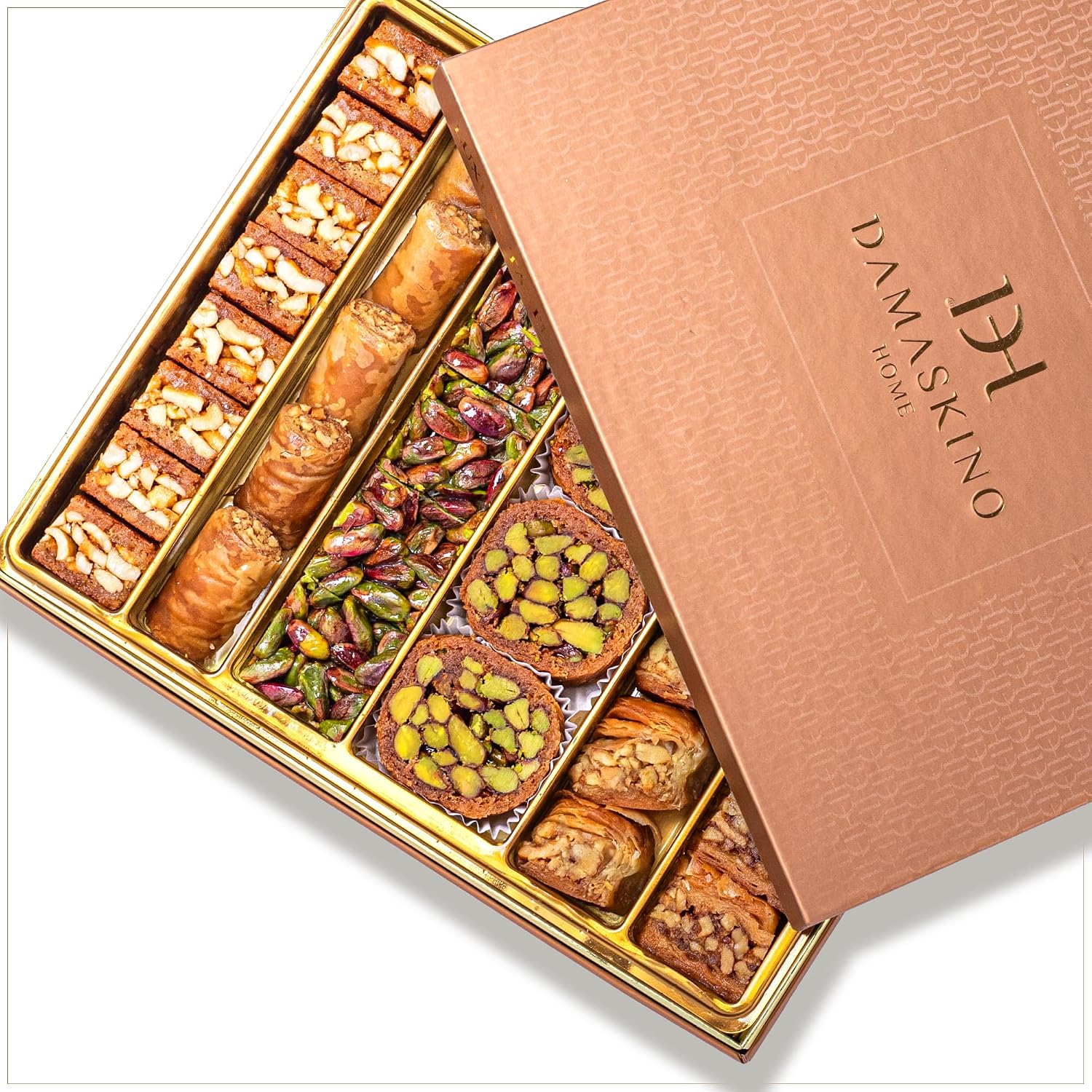 Damaskino Home Assorted Baklava Gift Box – 1.1 lb (500 g), 35 Pieces – Traditional Phyllo Pastries with Pistachio, Walnut & Cashew Fillings – Authentic Middle Eastern Sweets – Ideal Gift