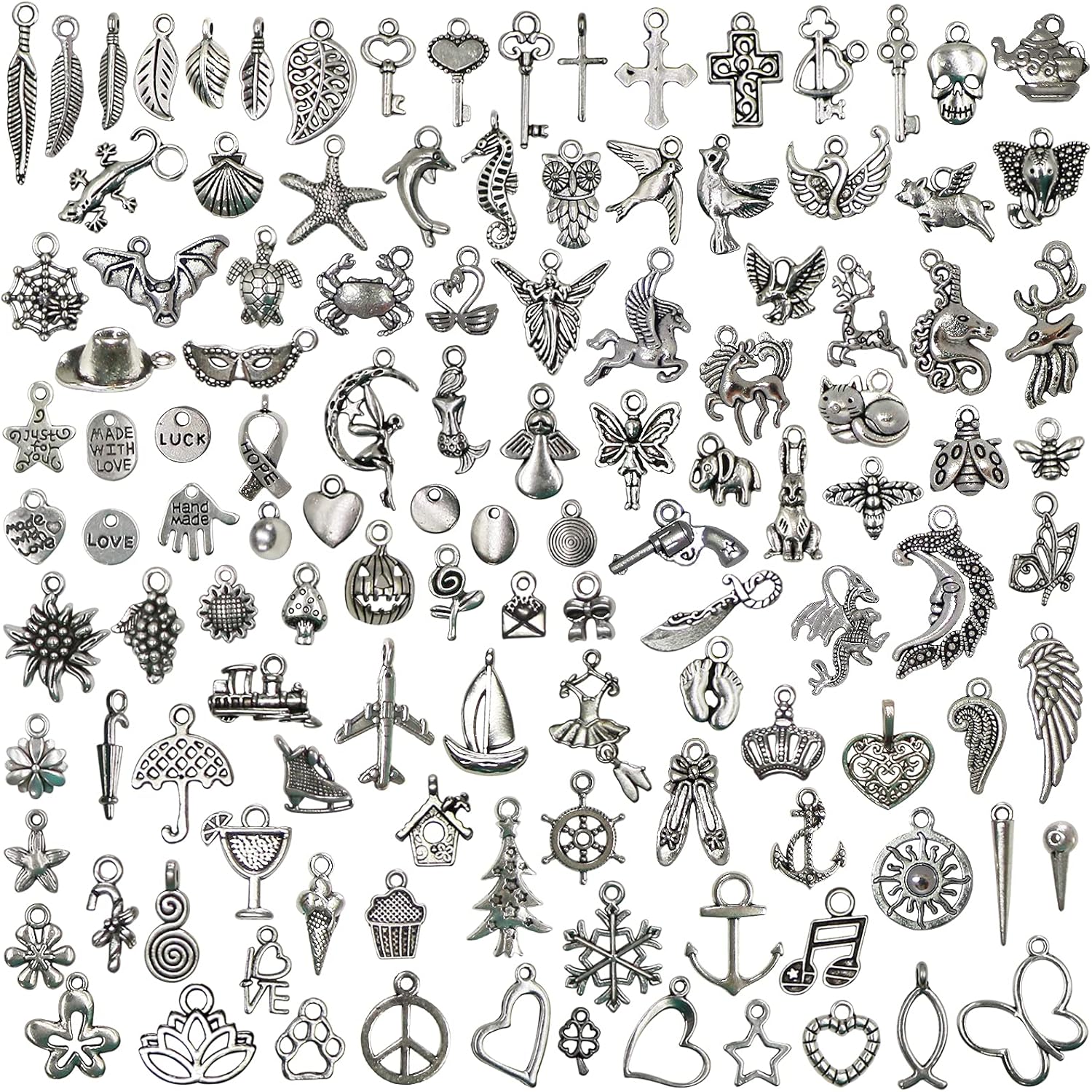 120PCS Wholesale Bulk Lots Jewelry Making Silver Charms Mixed Smooth Tibetan Silver Metal Charms Pendants DIY for Necklace Bracelet Jewelry Making and Crafting