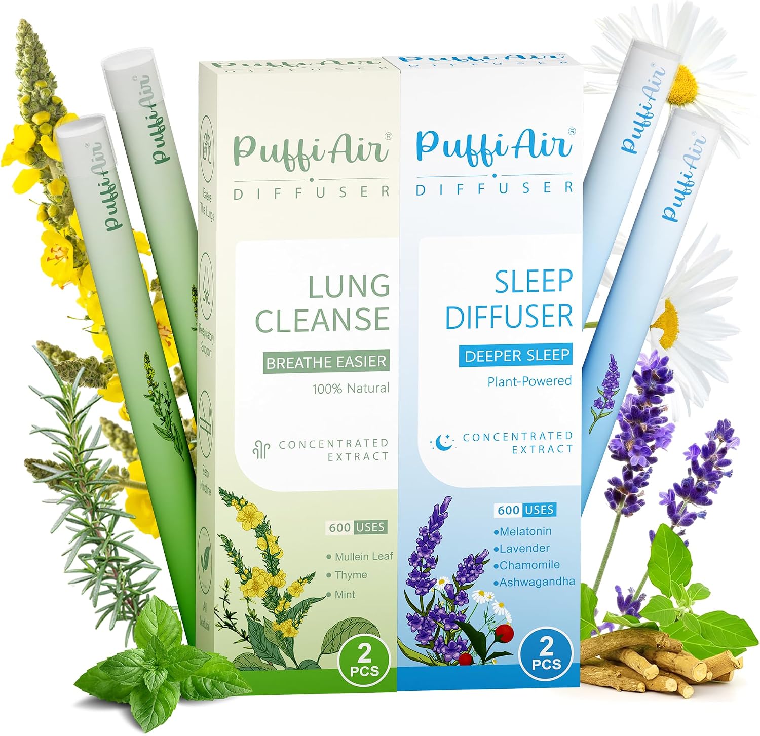 Herbal Diffuser Duo with Mullein, Melatonin & Other Biotanicals for Easy Breathing, Restful Sleep and Habit Transion, All Natural 600 Uses Per Stick