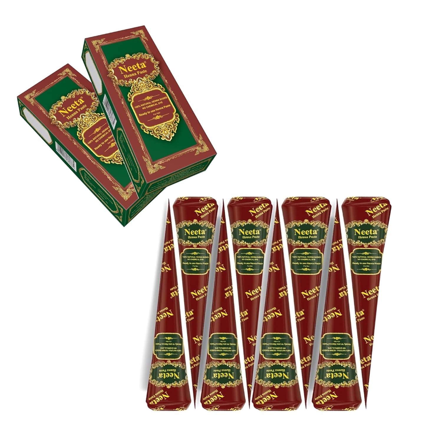Neeta 8 Pack 100% Natural Ready to Use Henna Paste Hair Dye Cones Reddish Brown Color tubes color for women Perfect for Spot hair coloring, Long-lasting and Cruelty-Free