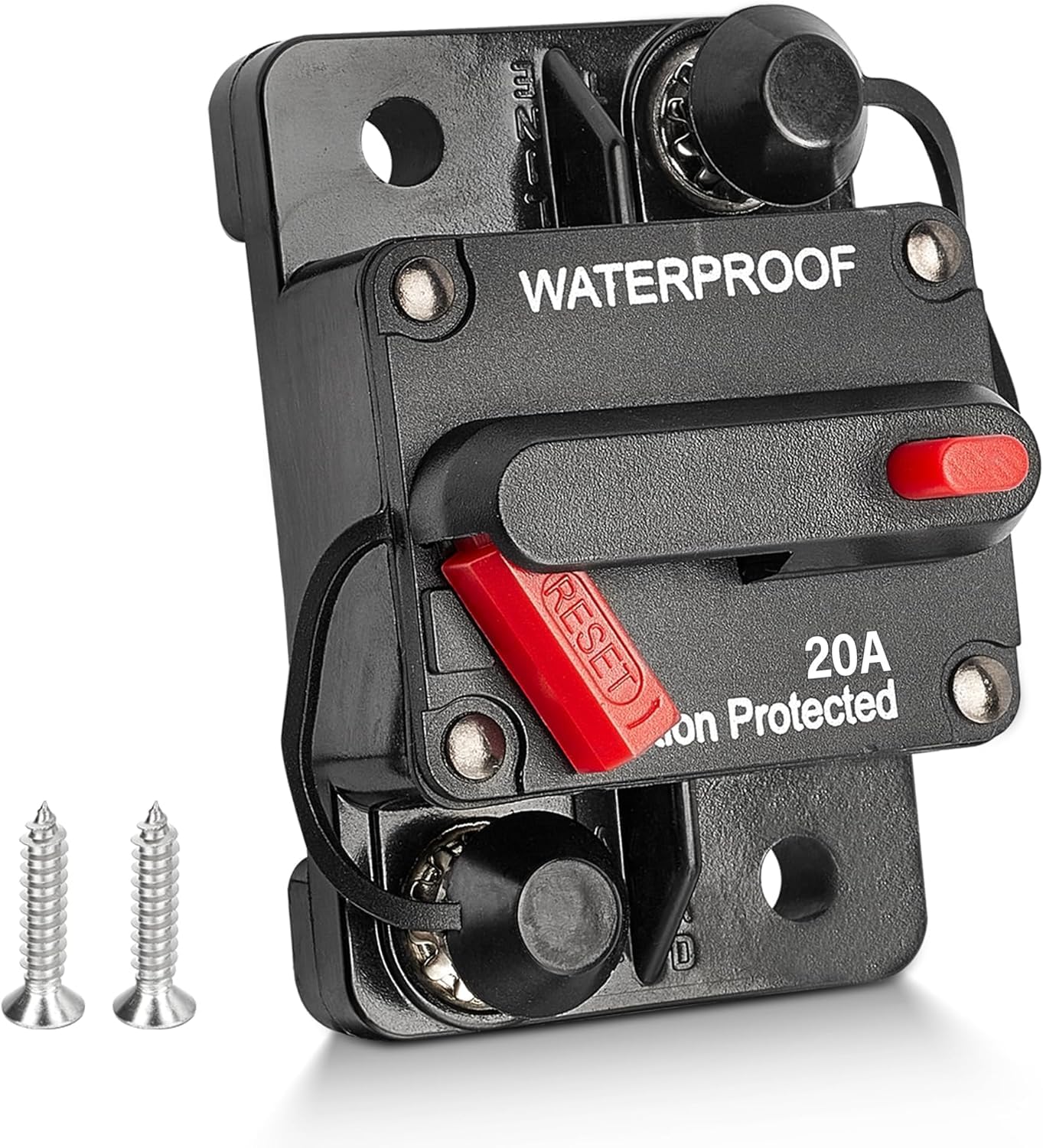 RED WOLF 20A Circuit Breaker Holder W/Manual Reset Switch 12-48V DC for Boat Trolling Motor Marine ATV Trailer Vehicles Stereo Audio Electronic Battery Fuse Solar Power System, 20 Amp Screws