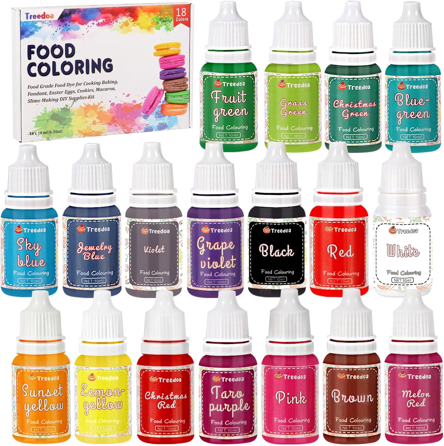 Food Colouring Liquid Set,18 Colors x 10ml Food Grade Food Dye Edible Vibrant Concentrated Liquid Colour for Cake Decorating,Baking,Easter Egg,Icing,Fondant,Cookies,Macaron,Slime Making DIY Crafts Kit