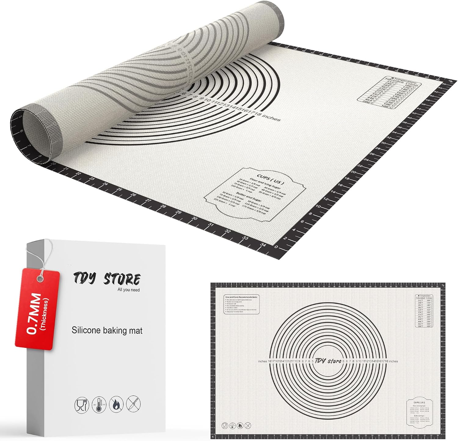 28 * 20 inches black, Non-Slip Silicone Baking Sheets - Baking Mat with 0.7mm Thickness - Non-Stick Pastry & Cookie Mat for Kitchen Counter for Rolling Out Dough with Measurements.