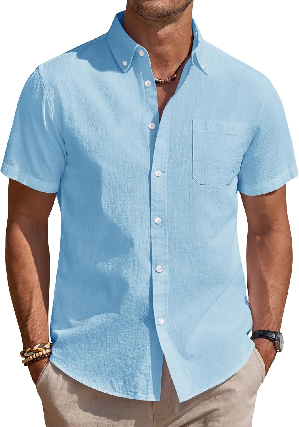 J.VER Men's Short Sleeve Linen Shirts Shrink Free Button Down Regular Fit Solid Shirt Casual Lightweight Summer Beach Shirts Tops with Pocket