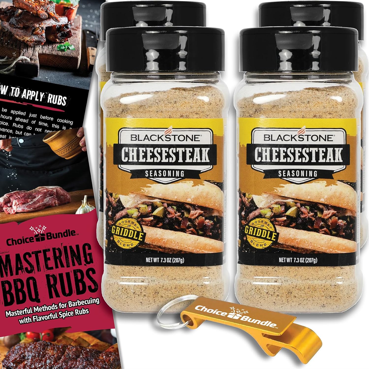 Blackstone Cheesesteak Seasoning – Gourmet Griddle Premium BBQ Barbecue Rub 4 Pk Choice Bundle (29.2 oz) + Guide & Opener (6 Items)!