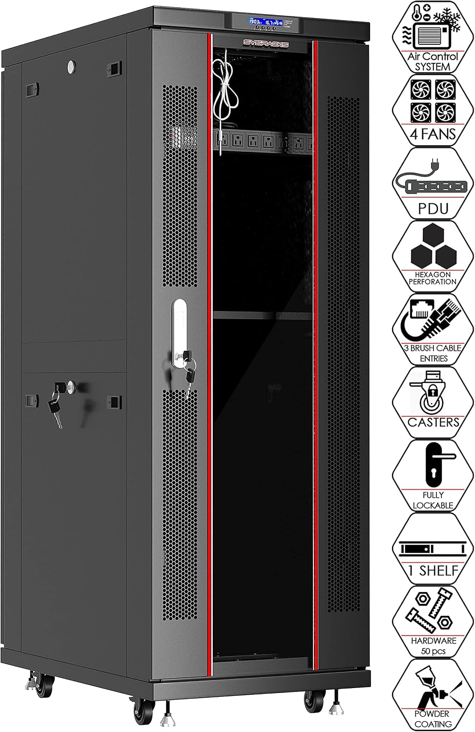 Sysracks 42U Server Rack Cabinet, 19” Floor Standing Enclosed Network Cabinet, 39” Deep IT Rack with Glass Door, 4 Fans, Temperature Control, PDU, Shelf