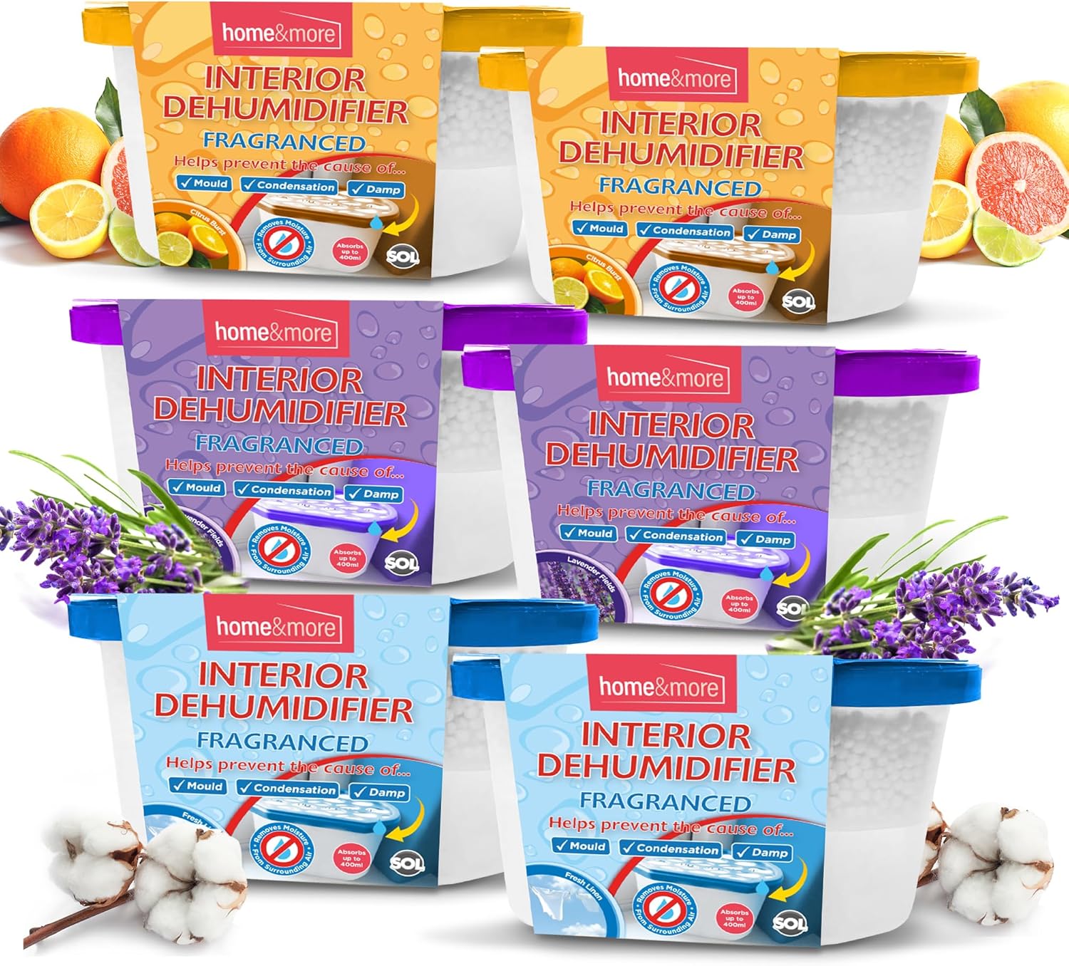 SOL 6pk Interior Dehumidifier Fragranced, 400ml Damp Traps Moisture Absorbers Multipack for Wardrobe in Lavender, Citrus, or Fresh Linen Scents, Prevents & Condensation, Ideal for Home & Small Spaces