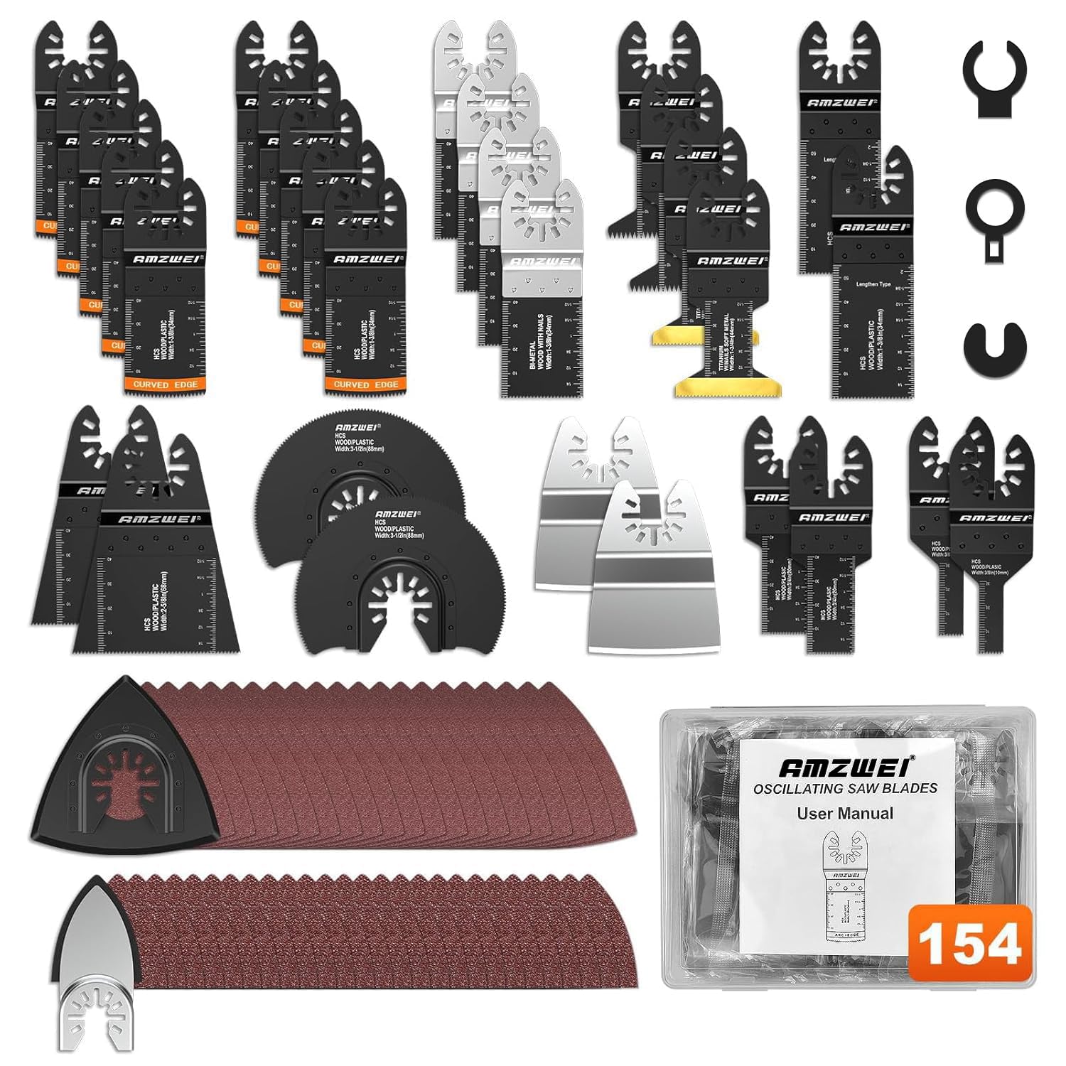 154 Metal Wood Oscillating Tool Blade, Titanium Oscillating Saw Blades with Sandpaper, Quick Release Multi Tool Blades Kits for Dewalt Ryobi Milwaukee Rockwell Fein Makita