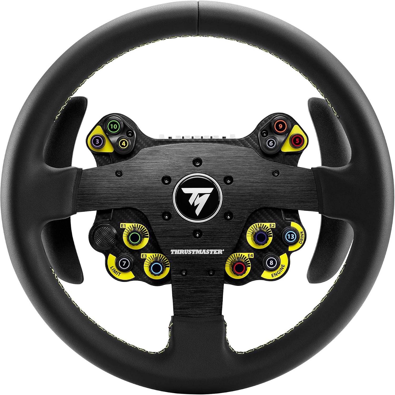 Thrustmaster EVO Racing 32R Leather, Round Leather-Wrapped Wheel Rim and Detachable Hub, For PC and Consoles | Round design, long curved paddle shifters, 25 programable buttons, 4 encoders, D-pad, 7 RPM LEDs, 2 display modes