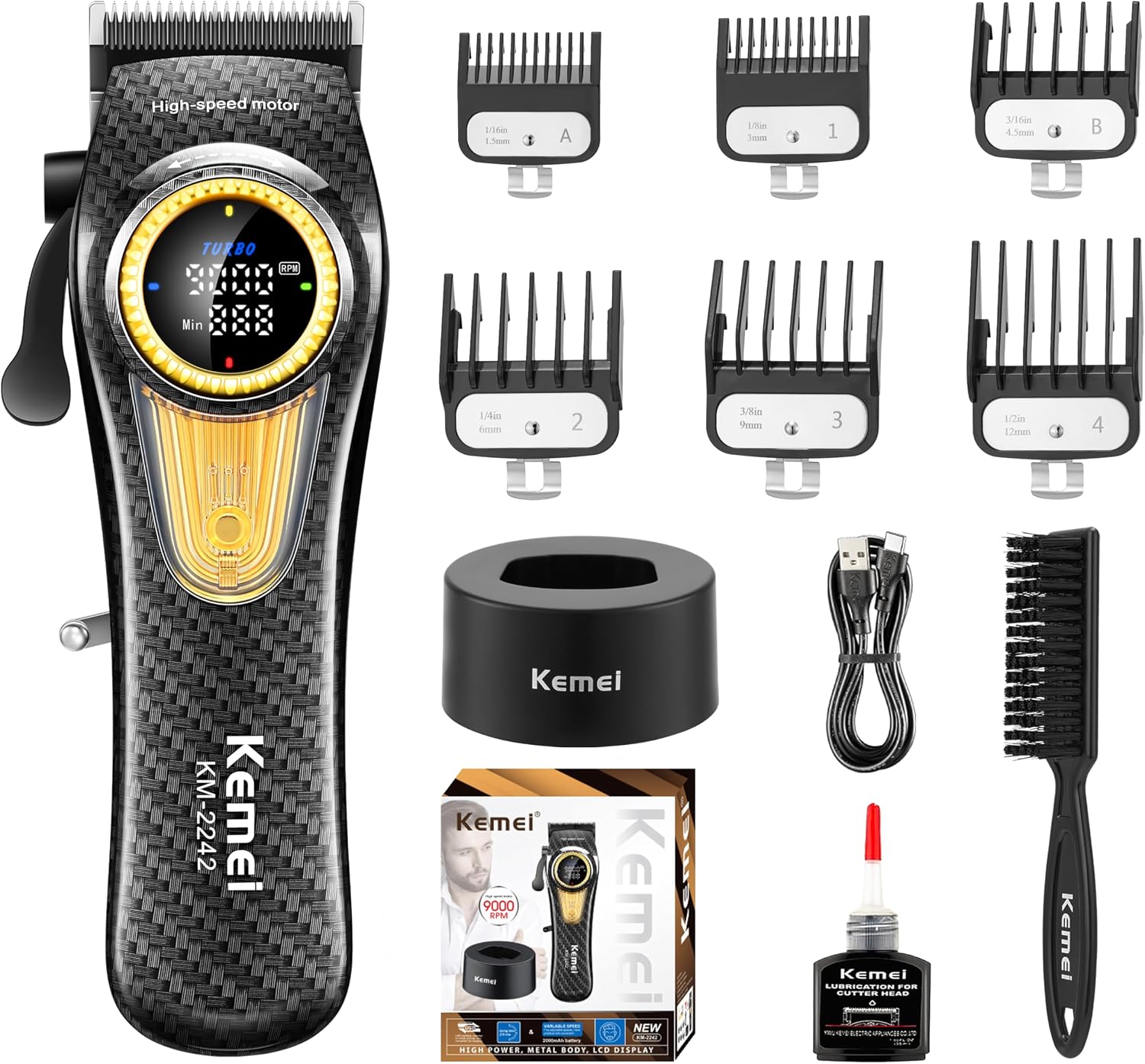 KEMEI 2242 Professional Hair Clippers for Men, Cordless Barber Clipper with LED Display & Charging Base, Hair Cutting Tools, 9000 RPM Super Torque Motor, Black