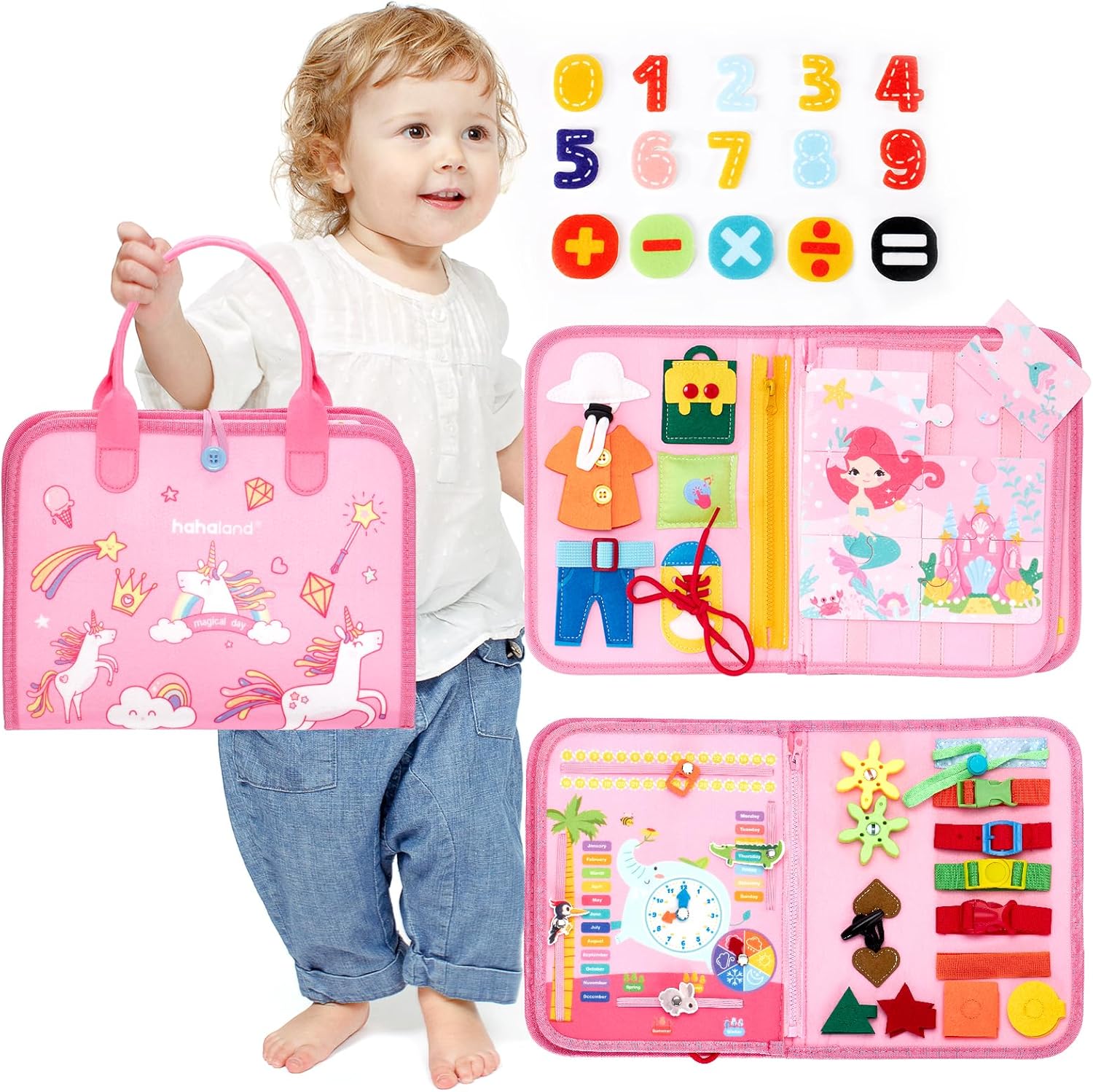 hahaland Montessori Busy Board for Children of 3+ Years Old, Activity Sensory Book Offers Preschool Educational Skill Learning, Quiet Travel Toys for Plane Car, Birthday Gifts for Girls - Pink