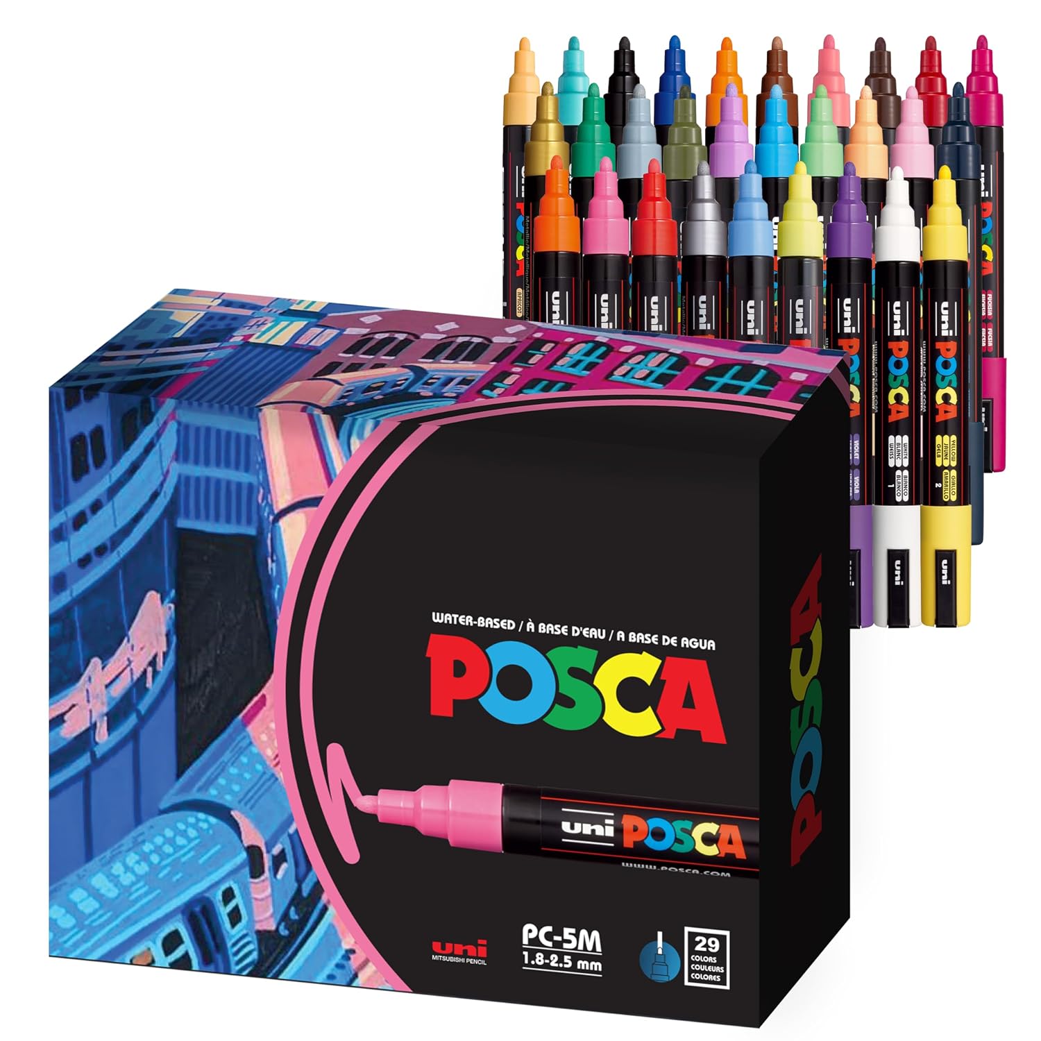 Uni Posca Paint Markers, 5M Medium Acrylic Markers with Reversible Tips, Art Supplies For Gifts, Decorations, Fabric, Metal, Glass, Wood and Canvas, Assorted Colors, Set of 29