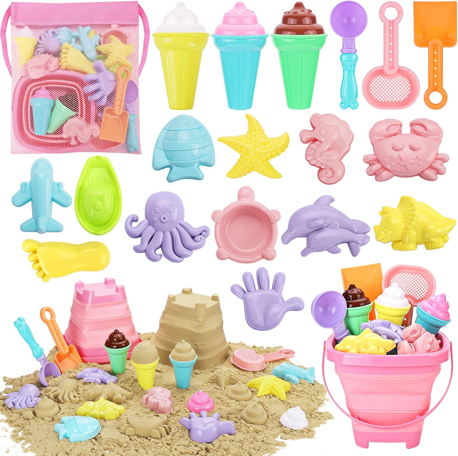 Beach Toys, Ice Cream Sand Toys for Toddlers, with Collapsible Bucket and Shovels for Kids with Bag, Travel Toys for Boys Baby Girls Age 3 4 5 6 7 8+