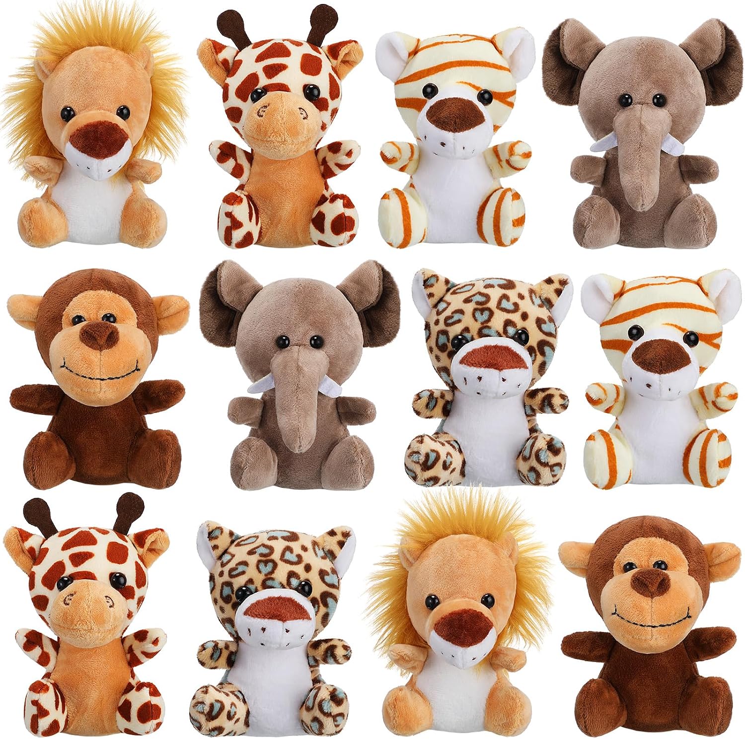 Sumind 12 Pcs Mini Stuffed Animals Jungle Plush Toys 4.8 Inch,Sitting | Bulk Party Favors for Baby Shower Prizes, Includes Elephant Lion Tiger Giraffe, Soft Safari Zoo Animal Set