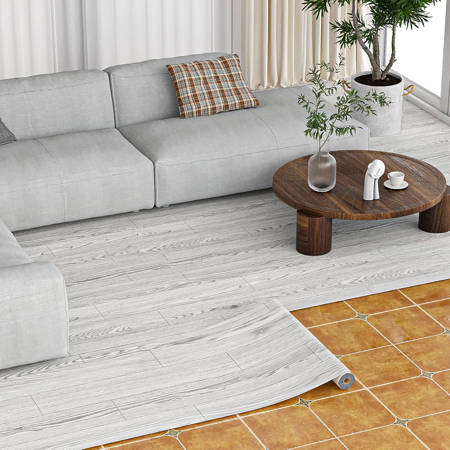 Oxdigi Peel and Stick Vinyl Flooring Roll 24"x 196"/ 32 Sq.Ft, Self Adhesive Vinyl Wood Flooring Planks Floor Tiles Stickers Waterproof for Bathroom Living Room Bedroom Kitchen RV, White Grey Wood