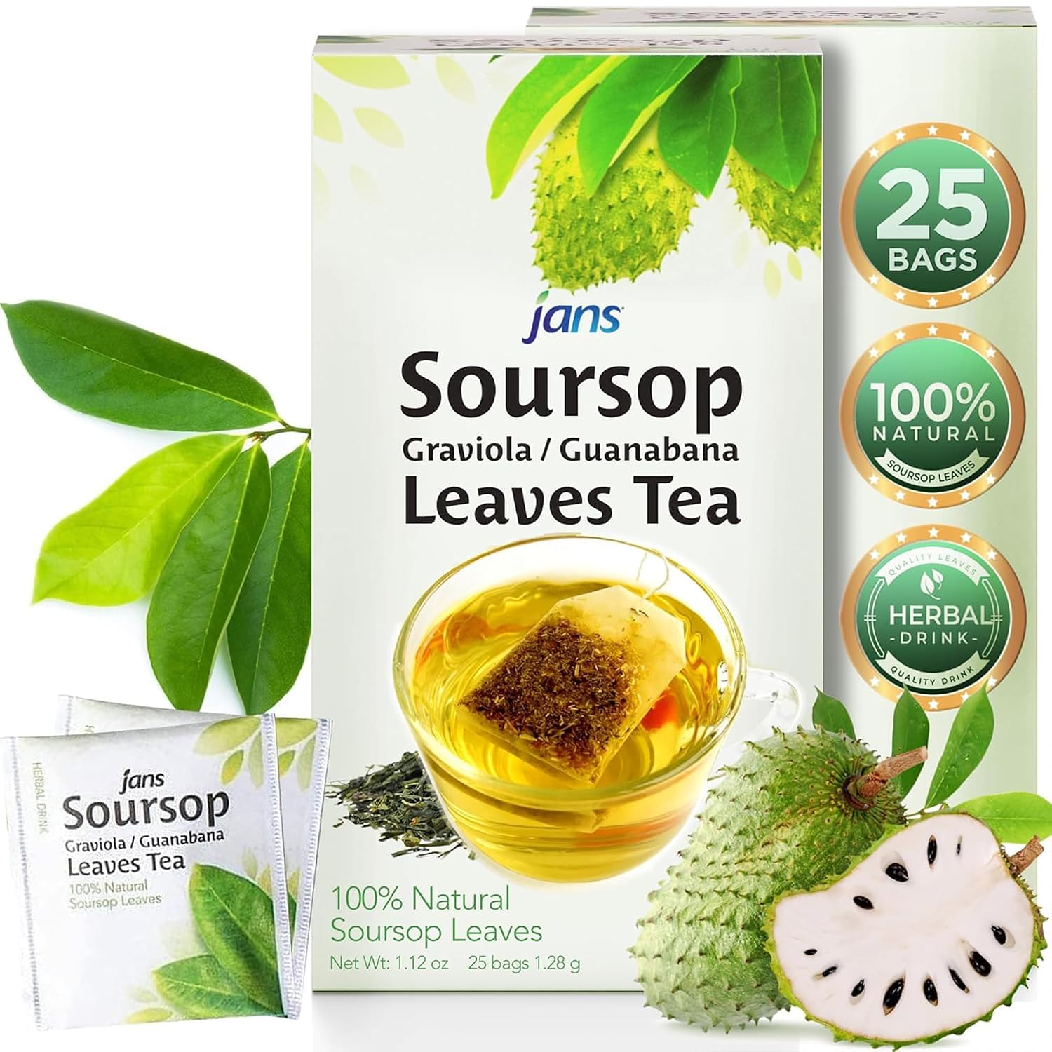 Jans Soursop Tea Bags, 25 Count, Caffeine Free Sour Sop Tea, Vegan