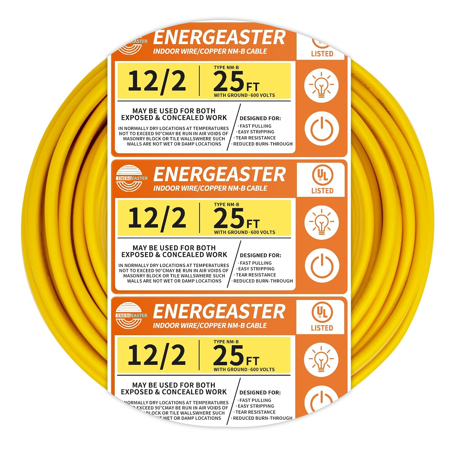 Solid Indoor 12/2 W/G NMB Cable 25ft Coil，Electrical Wire 12 Gauge Wire 2 Conductors Non-Metallic with Ground Wire(Yellow)