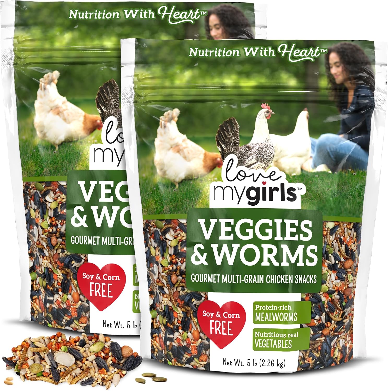 Love My Girls Veggies and Worms Chicken Treats, Corn-Free Treats for Chickens with Protein Rich Mealworms, (2) 5lb Bags