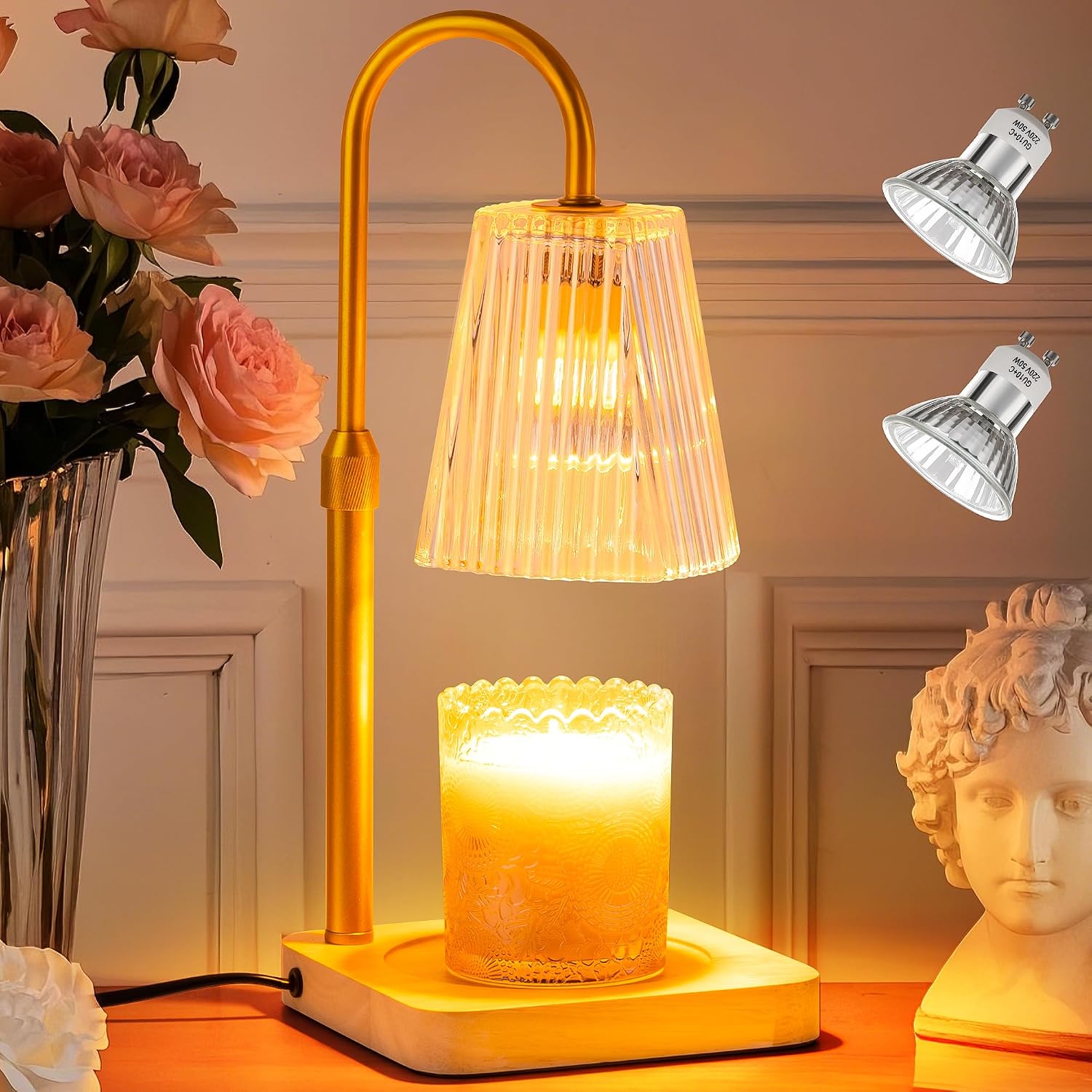 Candle Warmer Lamp Heater Timer - Electric Melting Burner Melter Warming Light Flameless Melt Lamps Warmers Heat Inside Elegant Aromatherapy Dimmable Height Adjustable for Wax Jar Candles with 2 Bulbs