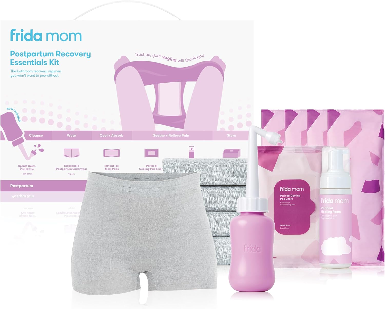 Frida Mom 11pc Postpartum Essentials Kit Gift Set, Hospital Bag Must Haves for New Mom, Includes 4 Disposable Postpartum Underwear, 4 Ice Maxi Pads, Perineal Healing Foam & 24 Pad Liners & Peri Bottle