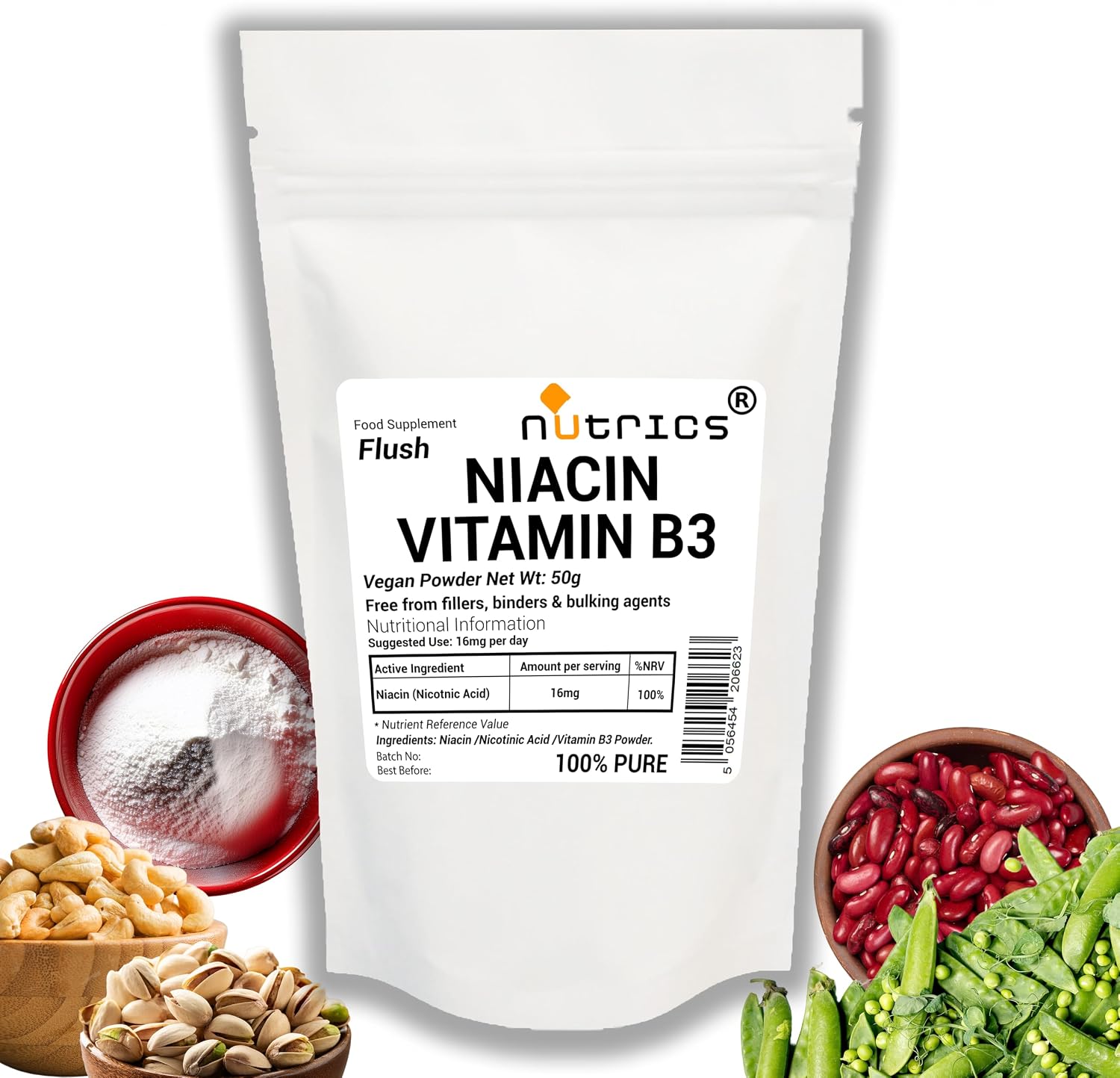 Nutrics® Vitamin B3 Flush NIACIN NICOTINIC Acid 50g 100% Pure Vegan Powder - Free from fillers Binders & Bulking Agents Non GMO