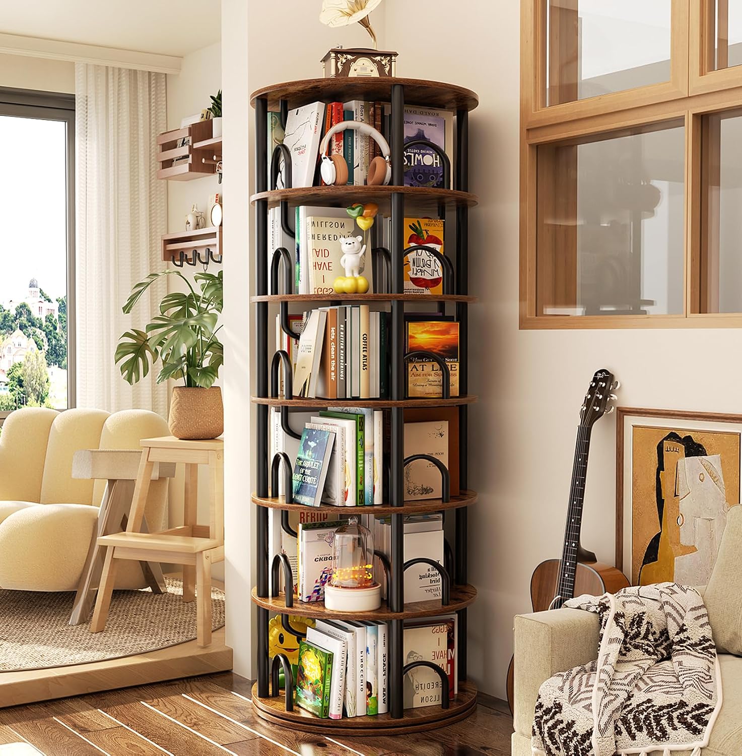 Aheaplus 6 Tier Rotating Bookshelf Tower, Revolving Bookcase, Rustic Brown
