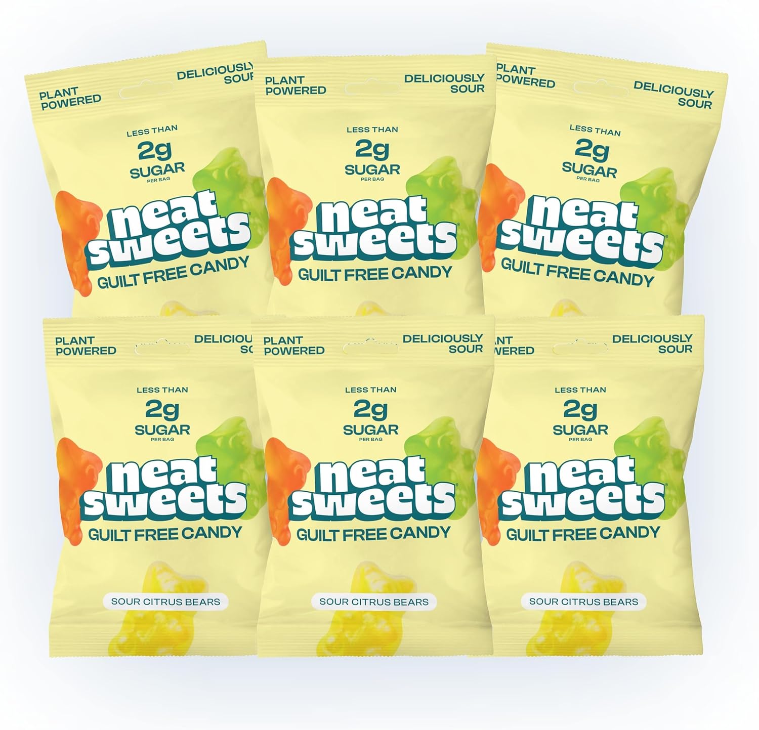 NeatSweets Vegan Sweets with Low Sugar - High Fibre, Gluten Free Plant Based Gummy Bears - 1.6g of Sugar per 50g Low Calorie No Added Sugar Guilt-Free Delicious Candy, Sour Citrus Bears x6 50g Packs