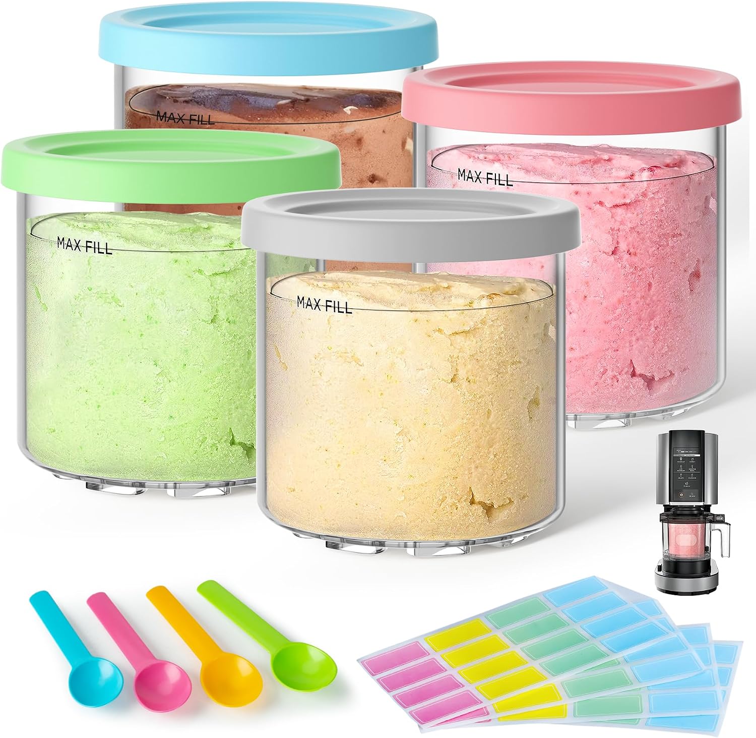4 Pack Creami Pint Containers and Lids for Ninja, Compatible with Ninja NC299 NC300 NC301 Series Creami Maker Machine Accessories, BPA Free & Dishwasher Safe, Assorted Colors