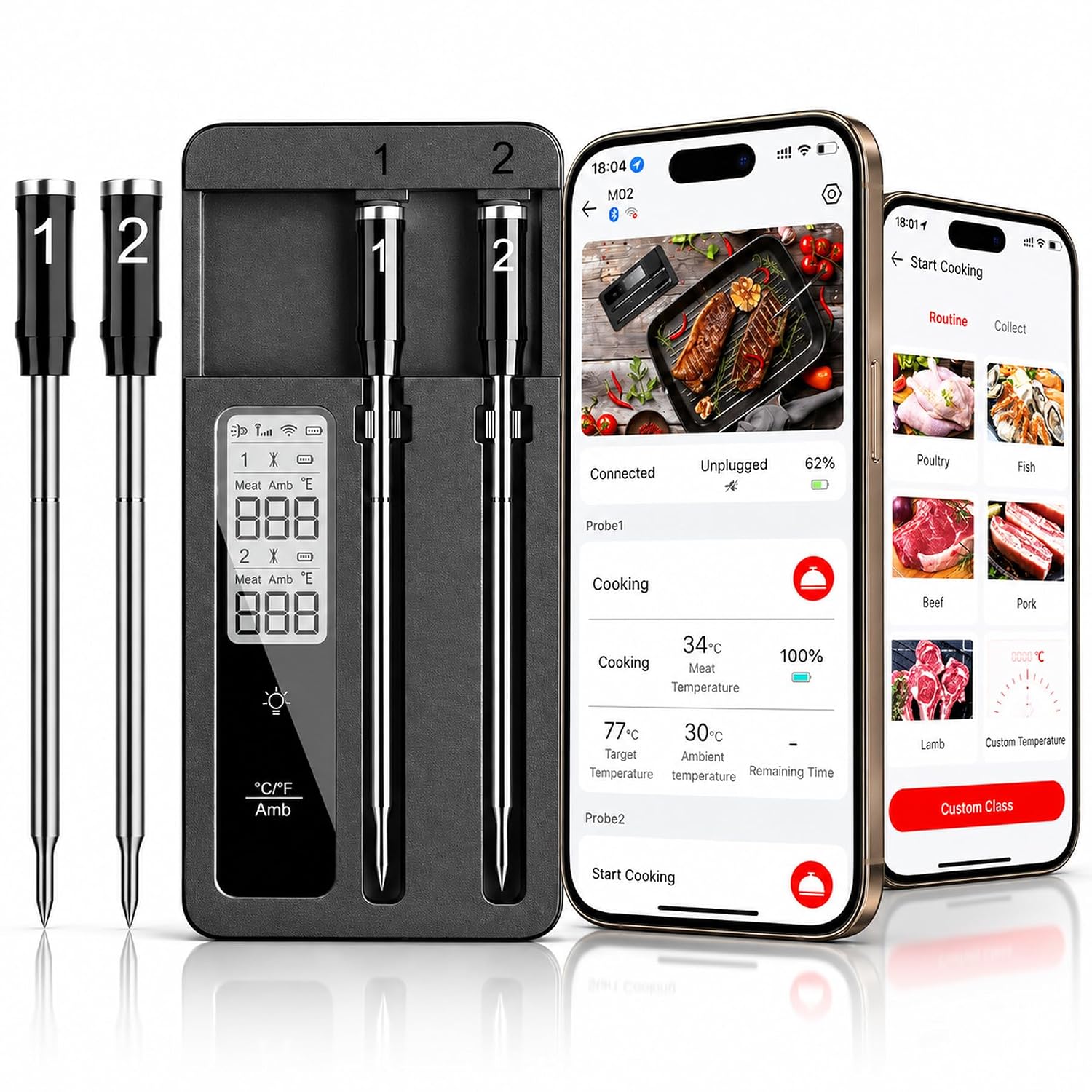 Smart Wireless Meat Thermometer with Dual Probes and Wi-Fi Repeater Base