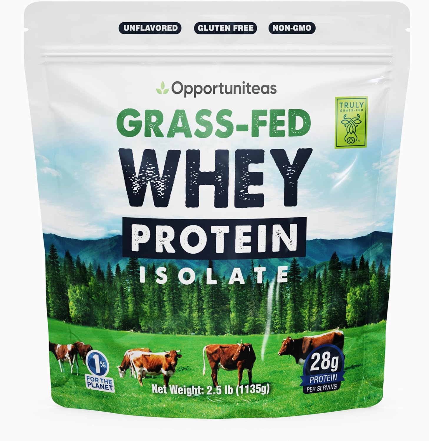 Opportuniteas Grass Fed Whey Isolate Protein Powder - Unflavored 28g Protein Powder Without Artificial Sweeteners, Hormone-Free Cows, Non GMO - 2.5lb