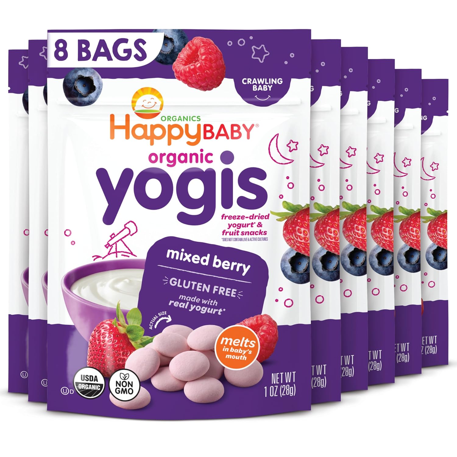 Happy Baby Organic Yogis Freeze-Dried Yogurt & Fruit Snacks, Mixed Berry, 1-Ounce Pouches (Pack of 8)