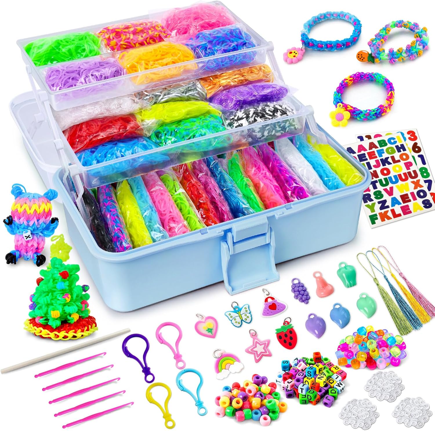 ROSHUKG 45 Colours Loom Bands Kit with 3 Layer Container, Rubber Bands Bracelet Making Kit for Boys Girls Weaving Gift(Blue)