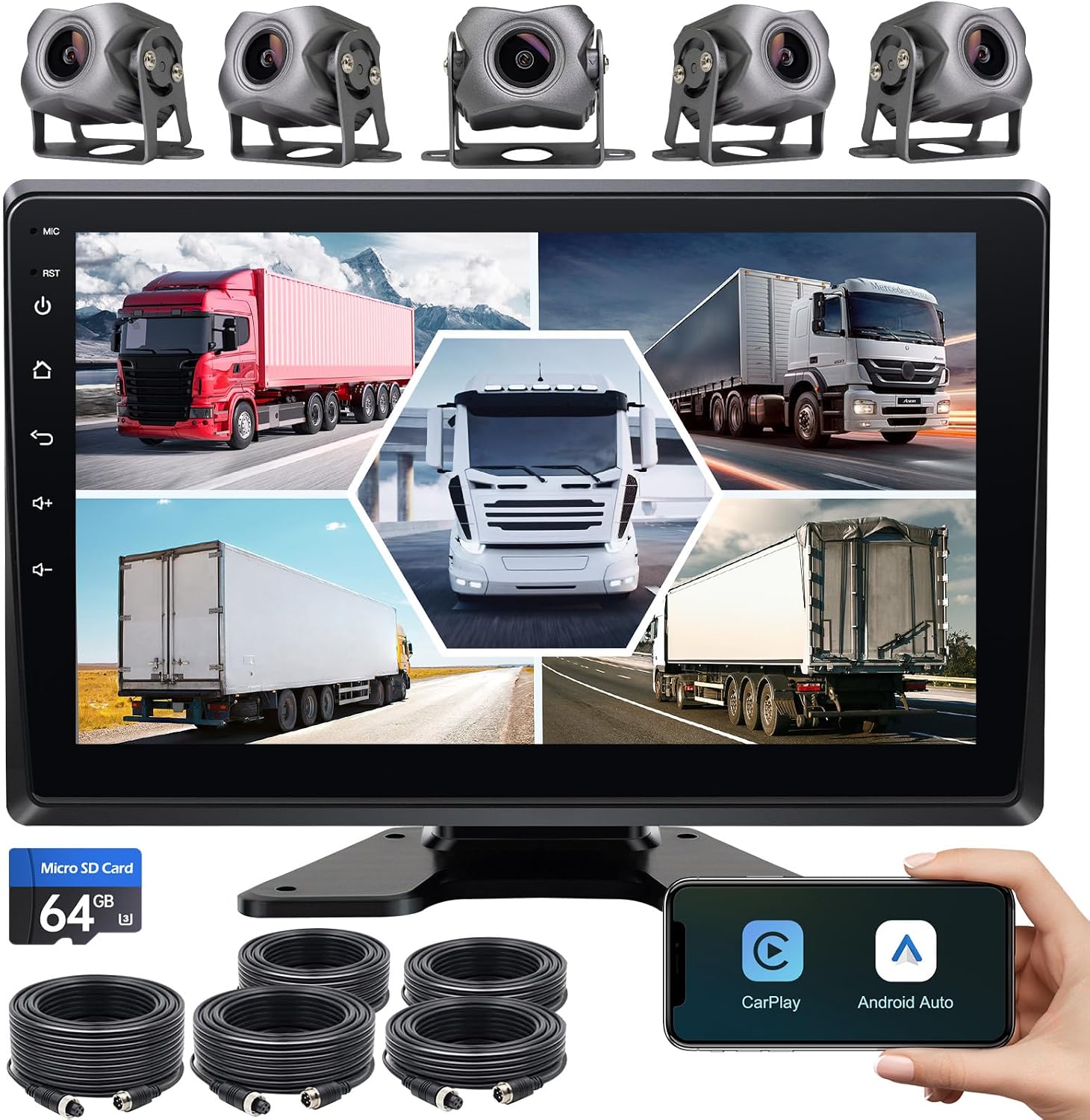 5-Channel 1080P Backup Camera Dash Cam with 10.2'' Monitor Android.11,DVR Recording Back Up Camera for RV/Truck/Van/Trailer/SUV Cars, Car Raido with Wireless CarPlay/Android Auto/BT/FM Radio/WiFi | Android Car radio with 10.2'' Monitor,Support Wireless CarPlay/Android Auto,with Bluetooth/FM Radio/WiFi