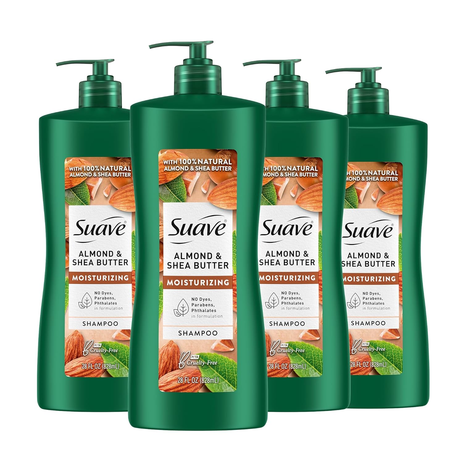 Suave Professionals Moisturizing Shampoo for Dry Hair Almond and Shea Butter Paraben-free and Dye-free 28 oz, Pack of 4