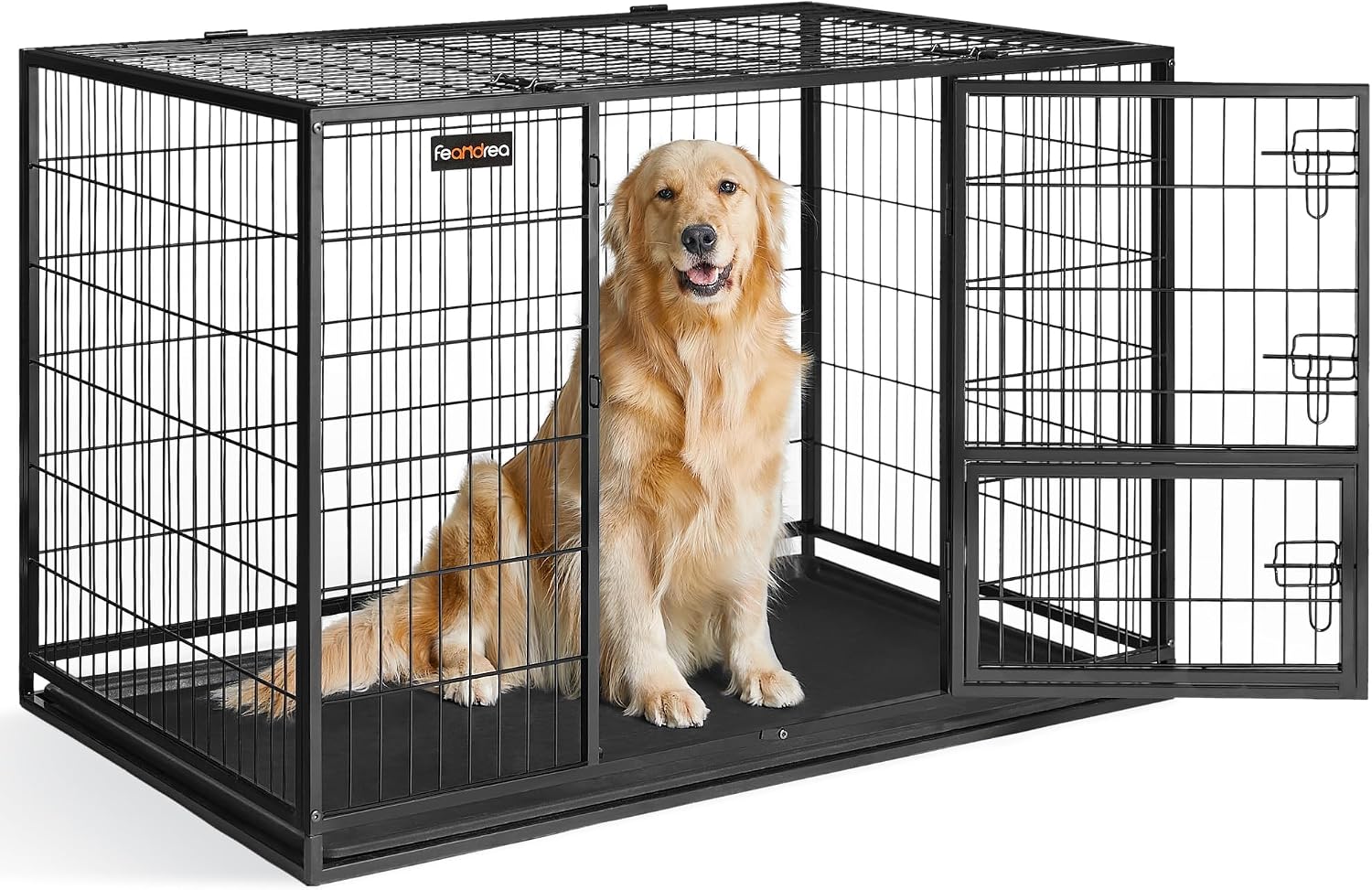 Feandrea Heavy-Duty Dog Crate, Dog Cage, 122 x 74.5 x 80.5 cm, for Medium and Large Dogs, Double Removable Door, Easy Cleaning, Pet Cage, XXL, Black PPD003B01