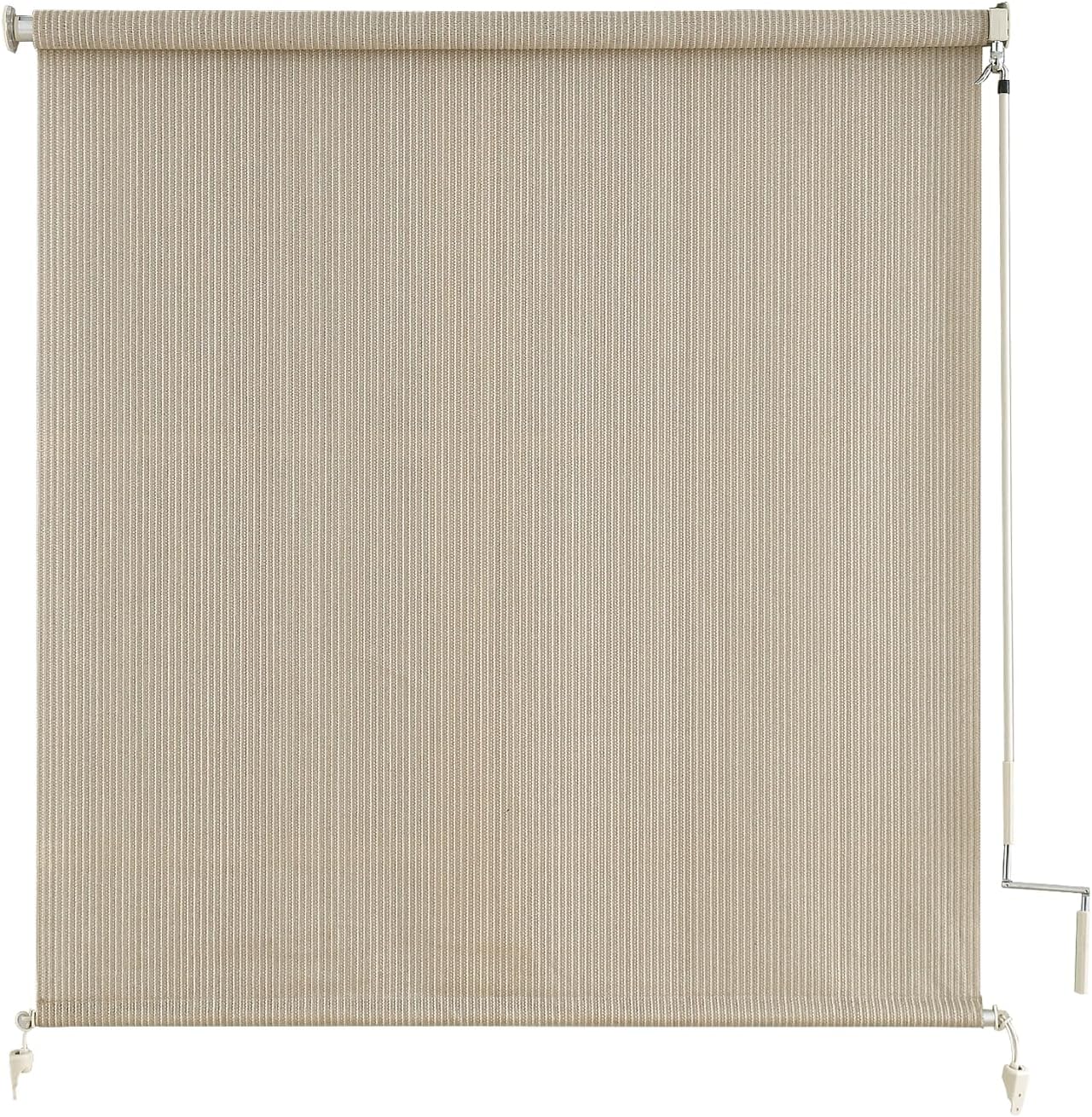 Outdoor Roller Shades，Cordless Patio Roller Up Blinds with Shade Cloth for Porch Gazebo Pergola Balcony Backyard，2 Poles & 1 Fabric，Sesame，96" Wx72 H