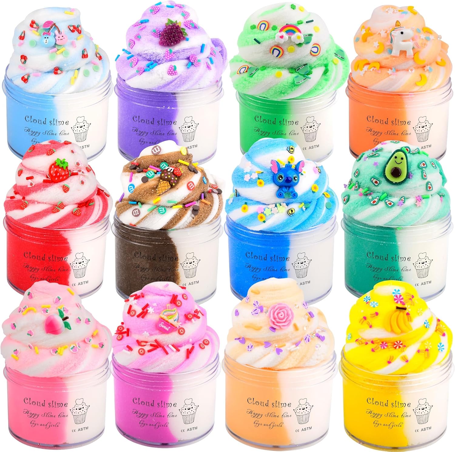 Cloud Slime Kit Age 3+ 12 Pack,With Stitch Rainbow Cake Strawberry Rose Slimes Charms,Fluffy Slime for Girls and Boys,Stress Relief Toy for Kids Education,Party Favor,Gift and Birthday