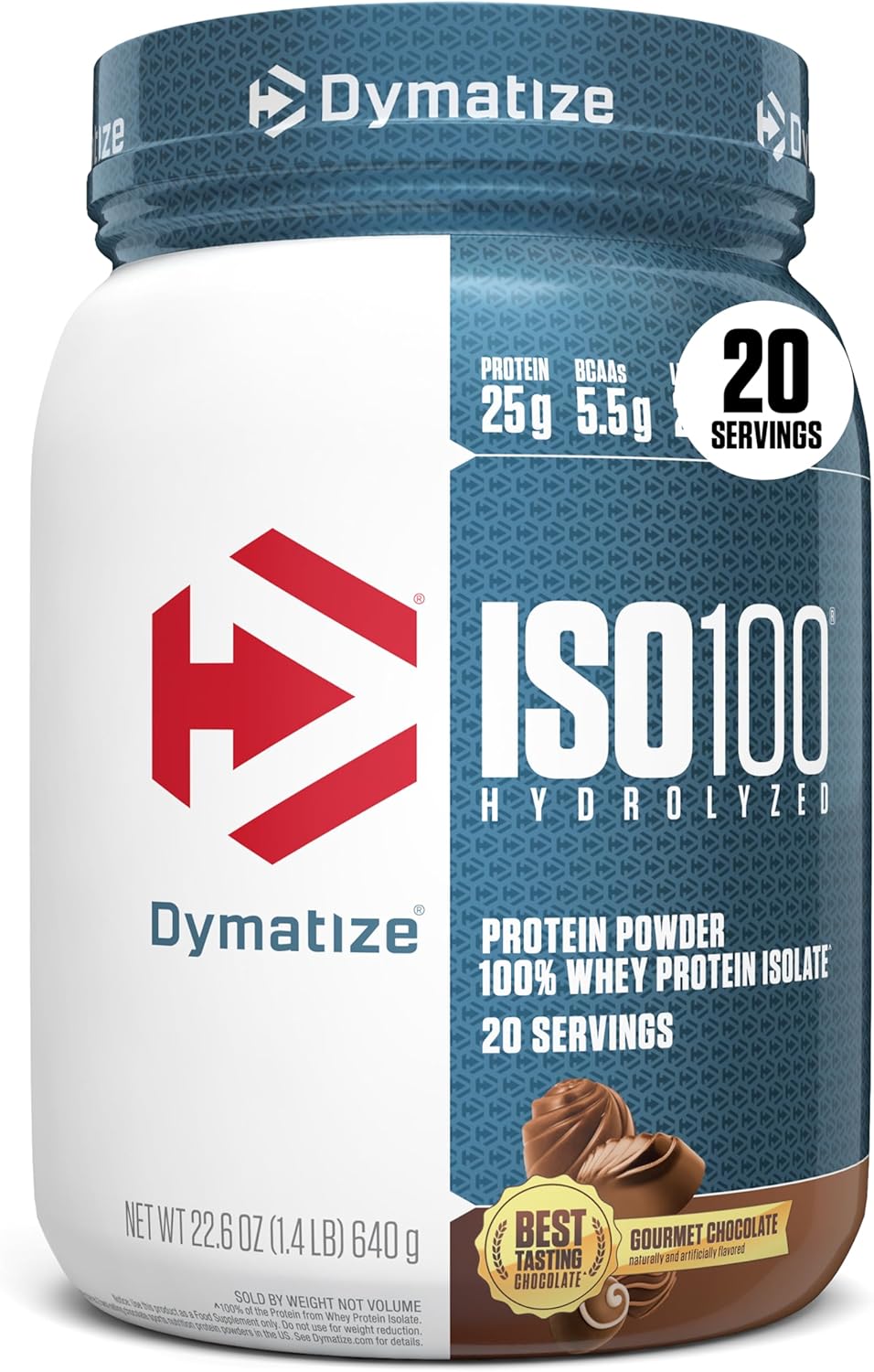 Dymatize ISO100 Whey Protein Powder Isolate, Gourmet Chocolate, 25g of Protein, 20 Servings, 5.5g BCAAs, Less Than 120 Cal., Gluten Free, 1g Fat, 1g Sugar, 2g Carb
