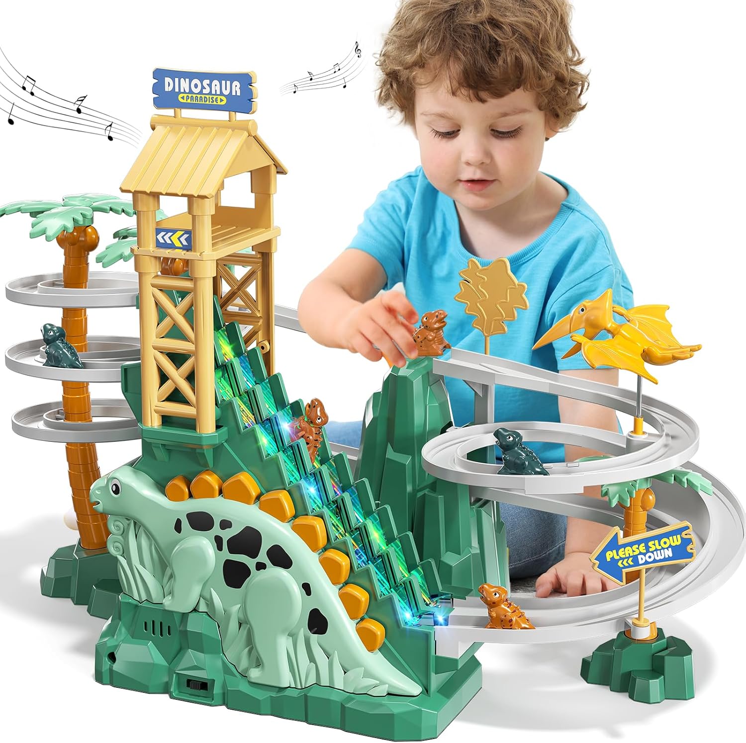 Dinosaur Climbing Slide Stair Toy for Toddlers Aged 3 4 5 6 7 8 - Racing Track Game Set, Sliding Car Toy, Dinosaur Themed with Light and Music, Birthday Dinosaur Gifts for Boys Girls Kids